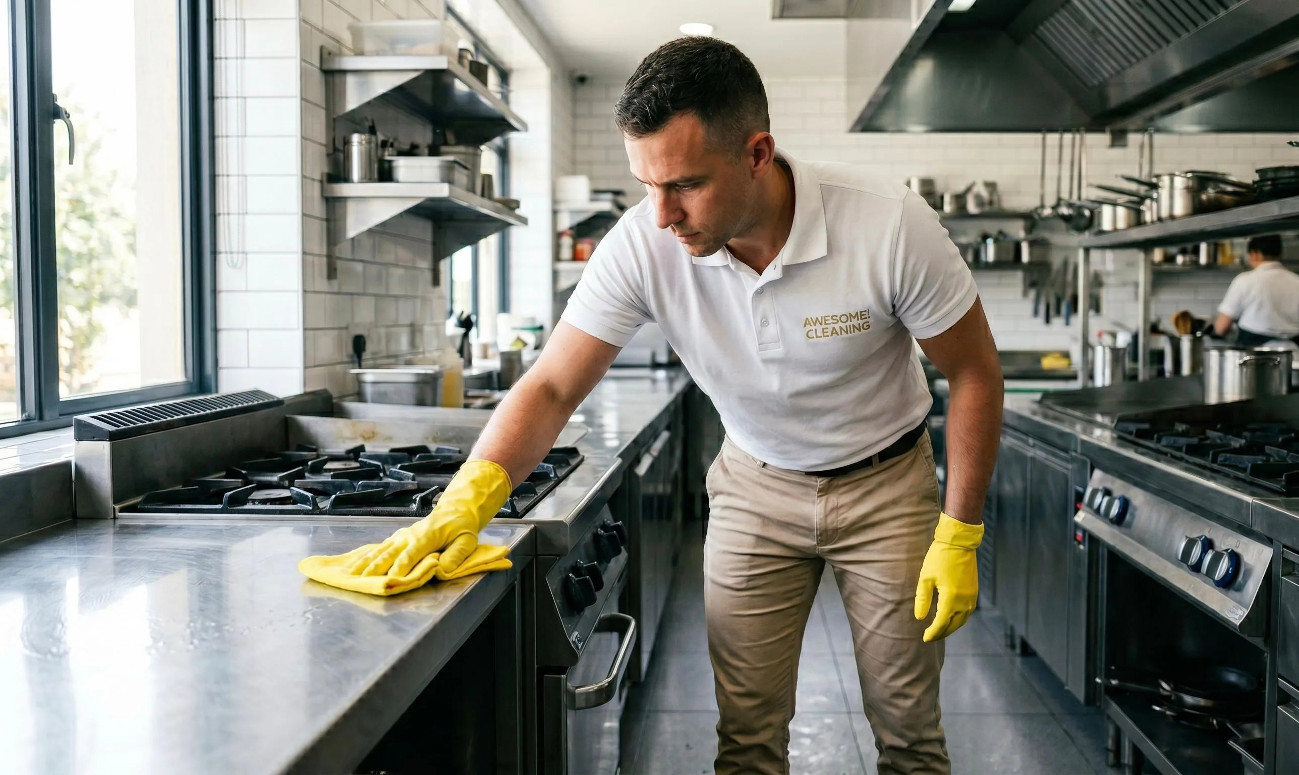 Awesome Cleaning team member detailing a commercial kitchen
